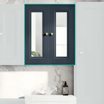 Inky Blue Wall Hung Mirror Cabinet 700x600mm - Brushed Brass Accents