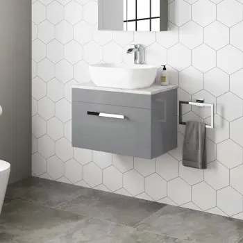 Avon Stone Grey Wall Hung Drawer Vanity with Marble Top & Curved Counter Top Basin 600mm