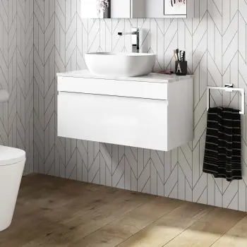 Trent Gloss White Wall Hung Drawer Vanity with Marble Top & Curved Counter Top Basin 800mm