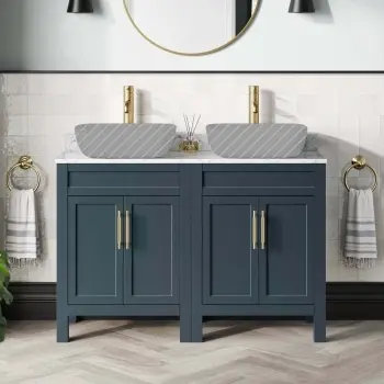 Bermuda Inky Blue Cabinet with Marble Top 1200mm Excludes Counter Top Basins - Brass Knurled Handles