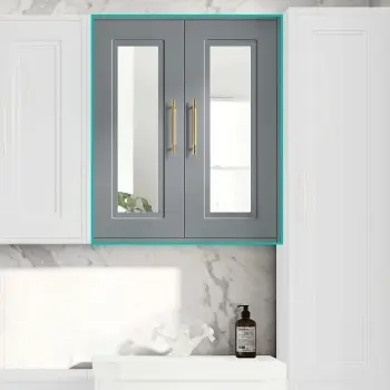 Dove Grey Wall Hung Mirror Cabinet 700x600mm - Brass Knurled Handles