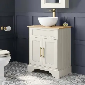 Lucia Chalk White Vanity with Oak Effect Top & Round Counter Top Basin 640mm - Brass Knurled Handles