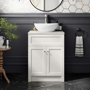Milos Cotton White Vanity with Oval Basin 600mm - Brushed Handles