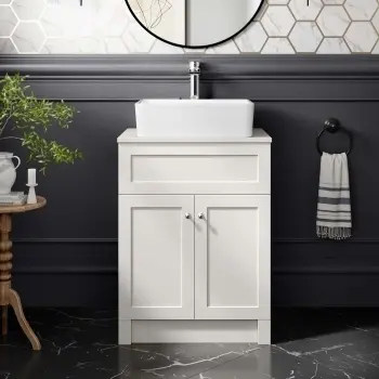 Milos Cotton White Vanity with Troy Basin 600mm - Brushed Handles
