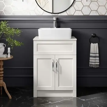 Milos Cotton White Vanity with Troy Basin 600mm - Traditional Handles