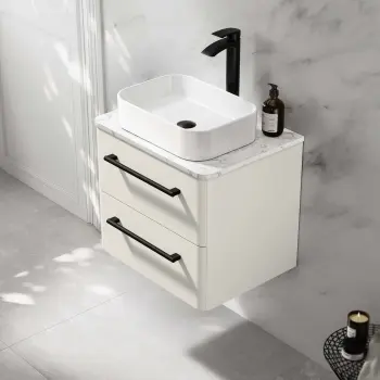 Omaha Linen White Wall Hung Drawer Vanity with Marble Top & Marin Basin 600mm - Black Accents