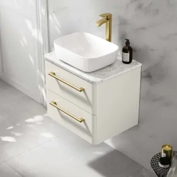 Omaha Linen White Wall Hung Drawer Vanity with Marble Top & Curved Counter Top Basin 600mm - Brushed Brass Accents