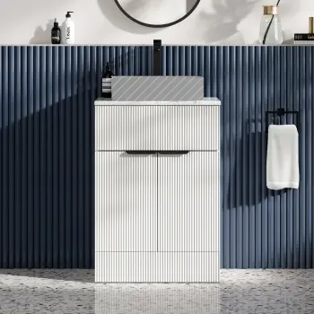 Havana Fluted Coastal White Cabinet with Marble Top 600mm (Excludes Counter Top Basin) - Black Accents