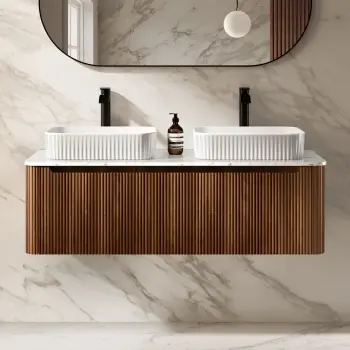 Sorrento Fluted Black Walnut Double Wall Hung Drawer Vanity with Marble Top & Reno Basin 1200mm