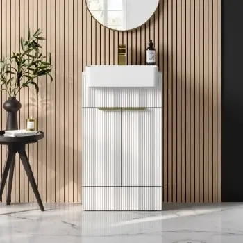 Sicily Fluted Coastal White Vanity with Semi Recessed Basin 500mm - Brushed Brass Accents