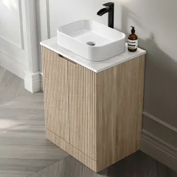 Crete Fluted Apex Oak Vanity with Marble Top & Marin Basin 600mm