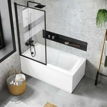 Dover 1600x750 Keyhole Shower Bath & 6mm Easy Clean Matt Black Framed Bath Screen
