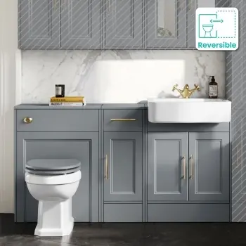 Monaco Dove Grey Combination Vanity Basin and Hudson Toilet with Wooden Seat 1500mm - Brass Knurled Handles