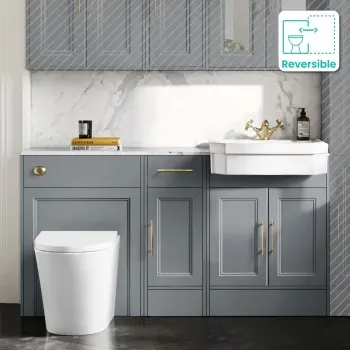 Monaco Dove Grey Combination Vanity Traditional Basin with Marble Top and Boston Toilet 1500mm - Brass Knurled Handles