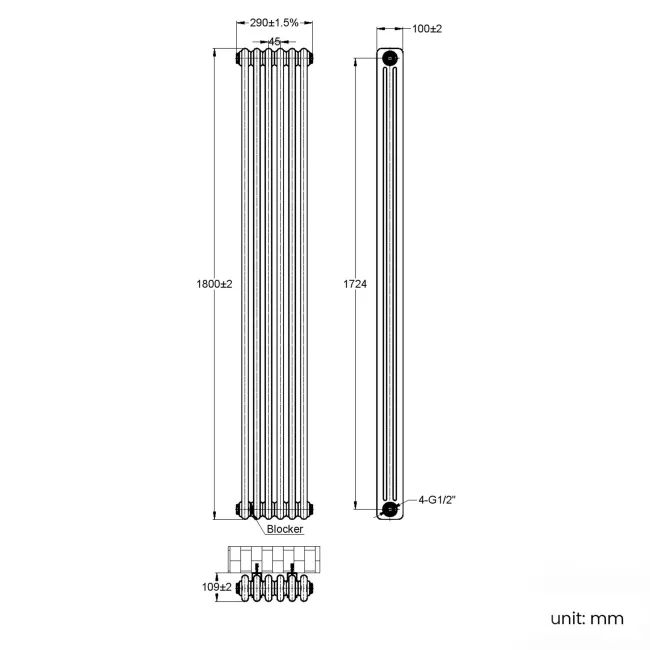 Athens Stone Grey Triple Column Vertical Traditional Radiator 1800x290mm