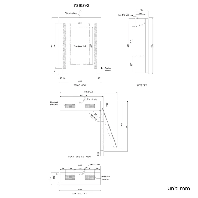 Emielia Illuminated LED Mirror Cabinet With BLUETOOTH Speaker 600x450mm