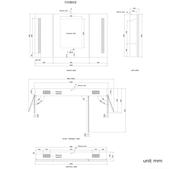 Emielia Illuminated LED Mirror Cabinet With BLUETOOTH Speaker 600x1000mm