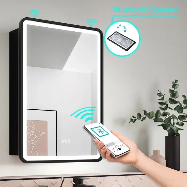 Olivia Black Framed Illuminated LED Mirror Cabinet With BLUETOOTH Speaker 710x500mm