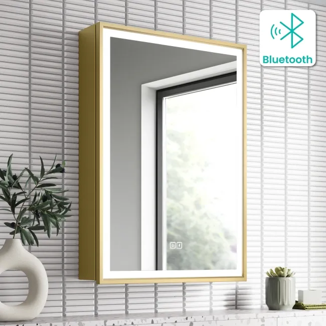 Mia Matt Brass Illuminated LED Mirror Cabinet With BLUETOOTH Speaker 710x500mm