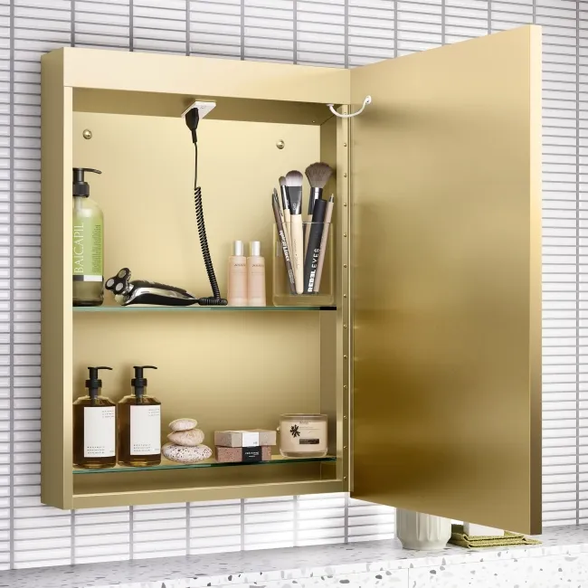 Mia Matt Brass Illuminated LED Mirror Cabinet With BLUETOOTH Speaker 710x500mm