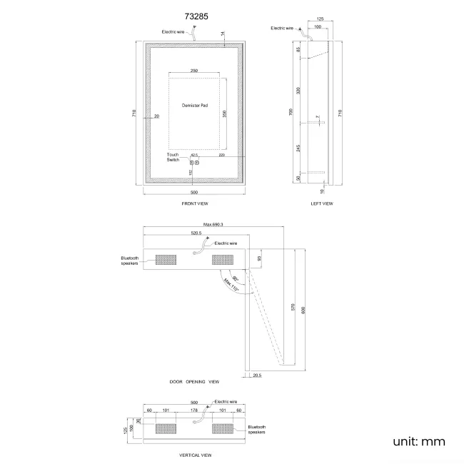 Mia Matt Brass Illuminated LED Mirror Cabinet With BLUETOOTH Speaker 710x500mm