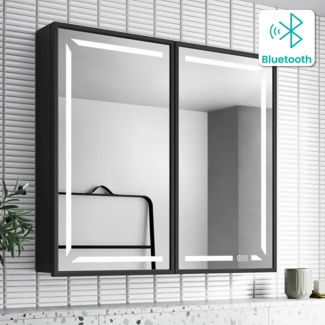 Mia Black Framed Illuminated LED Mirror Cabinet With BLUETOOTH Speaker&USB Port 710x800mm