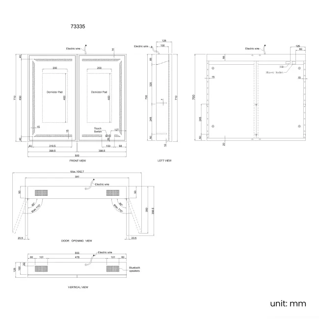Mia Black Framed Illuminated LED Mirror Cabinet With BLUETOOTH Speaker&USB Port 710x800mm