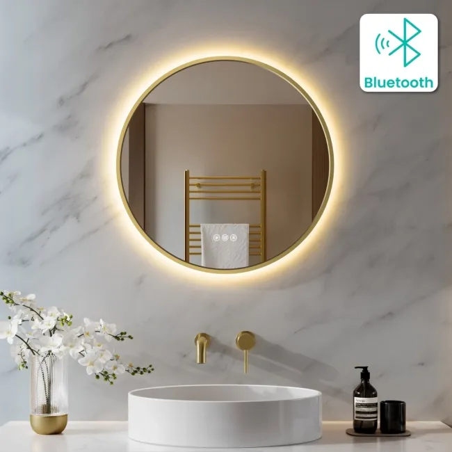 Delilah Brushed Brass Round Backlit LED Mirror With BLUETOOTH Speaker 600mm