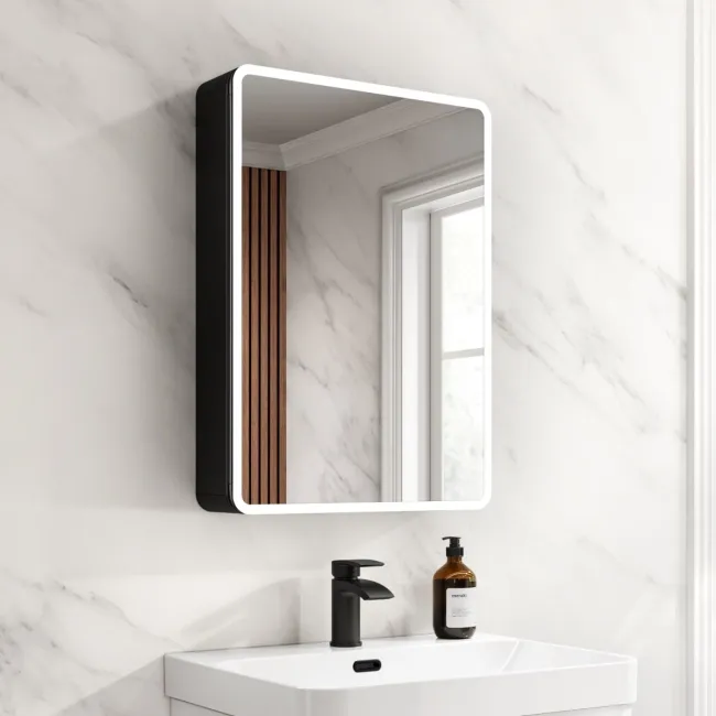 Aurora Battery Powered Matt Black Illuminated LED Mirror Cabinet 700x500mm