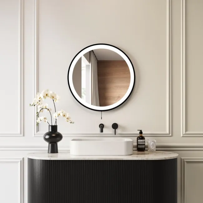 Delilah Battery Powered Black Framed Round Illuminated LED Mirror 600mm