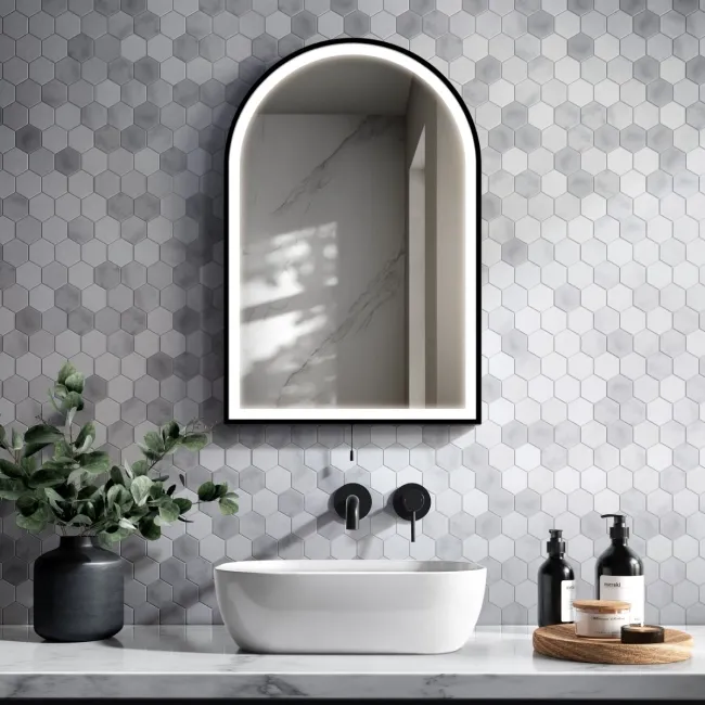 Maya Battery Powered Matt Black Arched LED Mirror 750x500mm