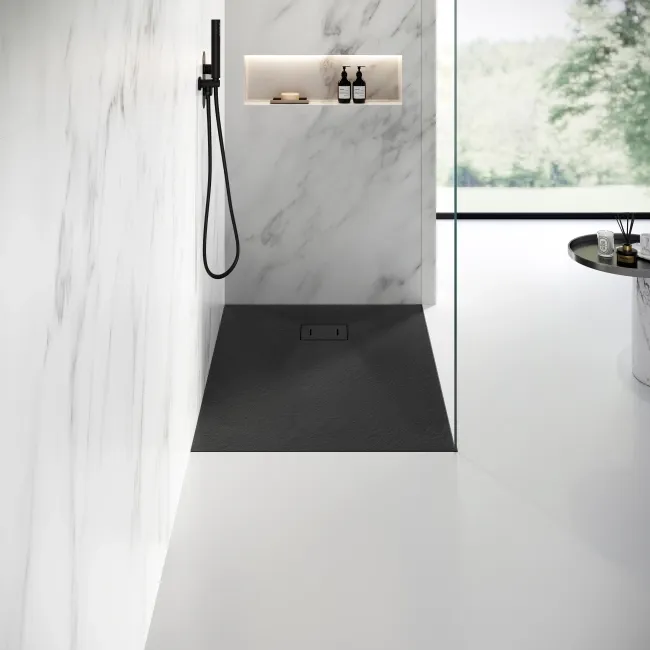 Berlin Rectangular Matt Black Slate Effect SMC Composite Shower Tray 1000x800mm