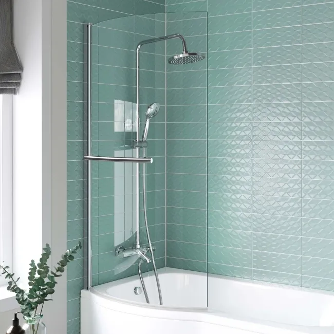 P Shaped 1500 Shower Bath with Front Panel & 4mm Screen with Rail - Left Handed