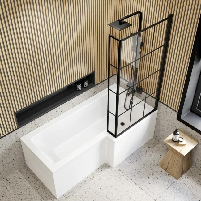 L Shaped 1700 Shower Bath with Front Panel & 6mm Easy Clean Matt Black Grid Bath Screen - Right Handed