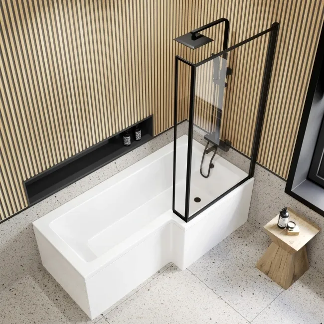 L Shaped 1700 Shower Bath with Front Panel & 6mm Easy Clean Matt Black Framed Bath Screen - Right Handed