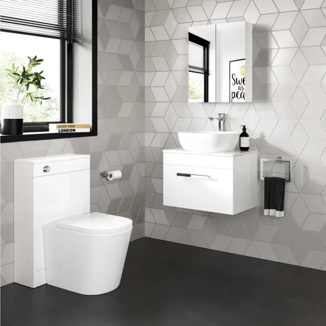 Avon Gloss White Wall Hung Drawer Vanity with Marble Top & Curved Counter Top Basin 600mm