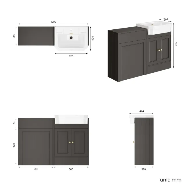 Monaco Graphite Grey Traditional Basin Vanity and Back To Wall Unit 1200mm (Excludes Pan & Cistern) - Brushed Brass Accents