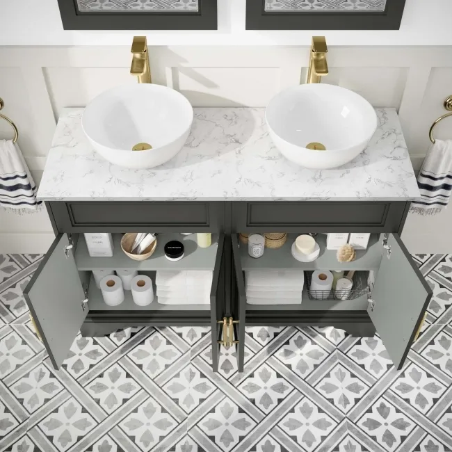 Lucia Graphite Grey Double Vanity with Marble Top & Round Counter Top Basin 1200mm - Brass Knurled Handles