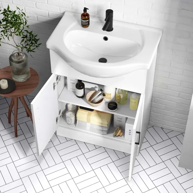 Quartz Gloss White Vanity with Semi Recessed Basin 650mm - Black Accents