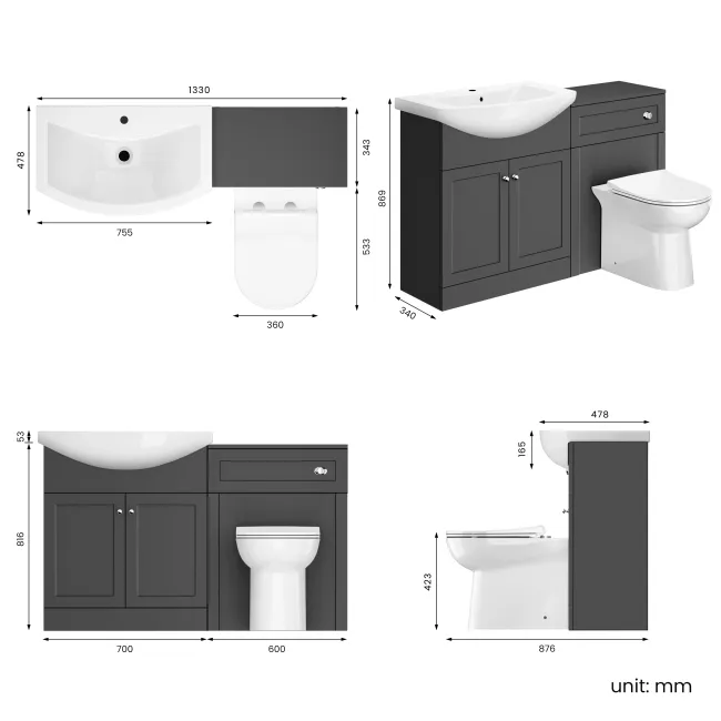 Capri Slate Grey Combination Vanity Basin and Aruba Toilet 1350mm - Chrome Handles