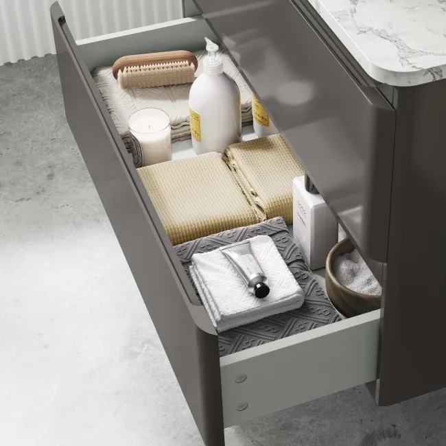 Corsica Tungsten Grey Wall Hung Drawer Vanity with Marble Top & Curved Counter Top Basin 800mm