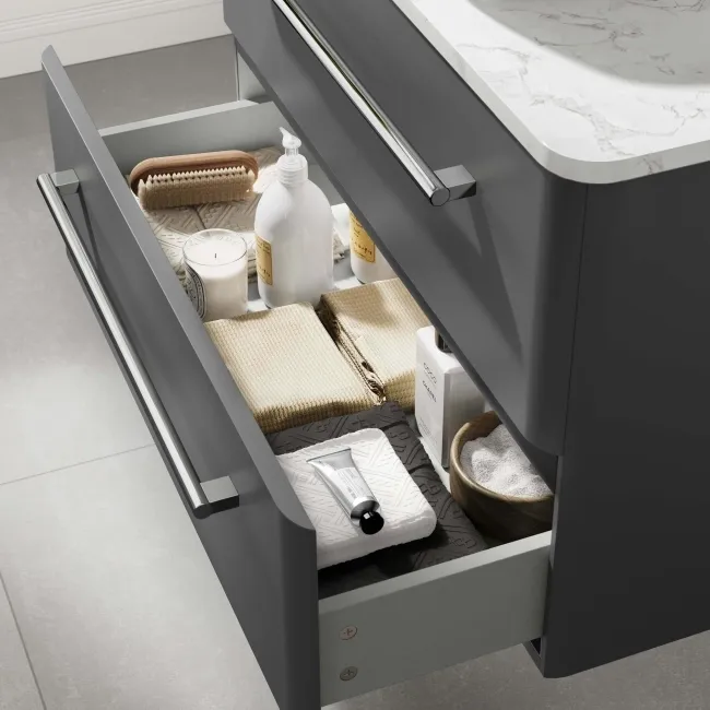 Omaha Slate Grey Wall Hung Drawer Vanity with Marble Top & Curved Counter Top Basin 800mm