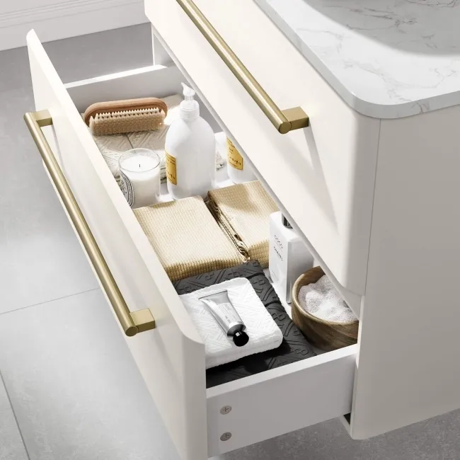 Omaha Linen White Wall Hung Drawer Vanity with Marble Top & Marin Basin 800mm - Brushed Brass Accents