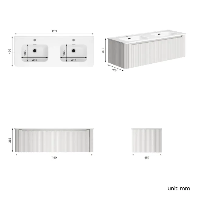 Sorrento Fluted Coastal White Wall Hung Double Basin Drawer Vanity 1200mm