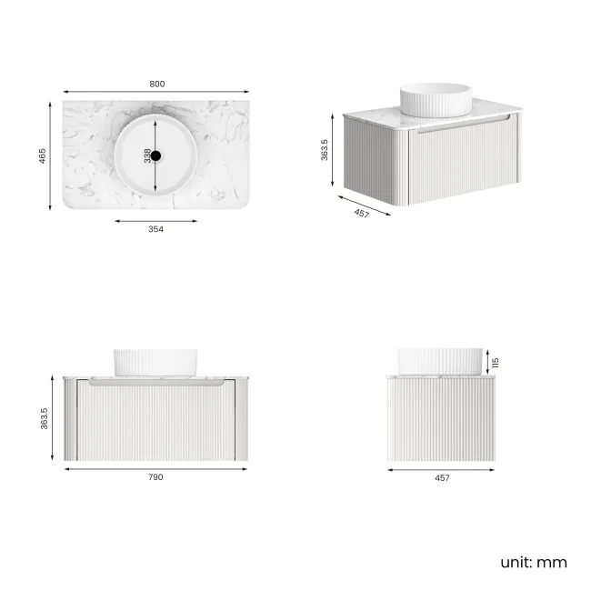 Sorrento Fluted Coastal White Wall Hung Drawer Vanity with Marble Top & Nevis Basin 800mm