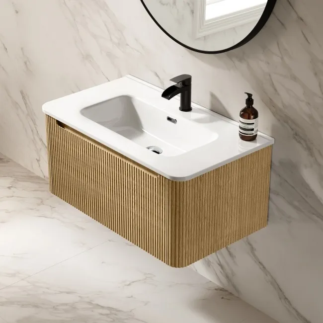Sorrento Fluted Country Oak Wall Hung Basin Drawer Vanity 800mm