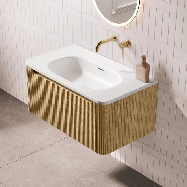 Sorrento Fluted Country Oak Wall Hung Drawer Vanity with Matt White Basin 800mm