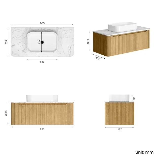Sorrento Fluted Country Oak Wall Hung Drawer Vanity with Marble Top & Marin Basin 1000mm