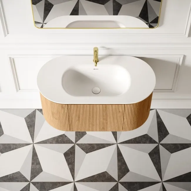 Positano Natural Oak Curved Wall Hung Basin Drawer Vanity 1000mm