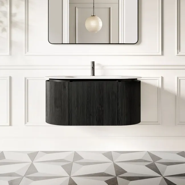 Positano Black Oak Curved Wall Hung Basin Drawer Vanity 1000mm